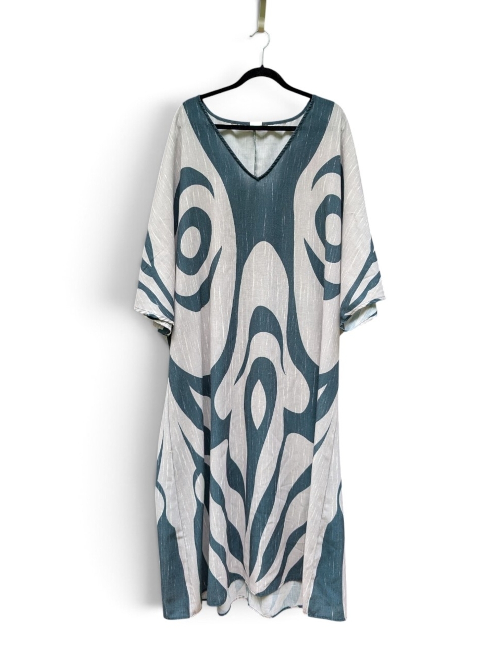 Teal & White V-Neck Kaftan Coverup